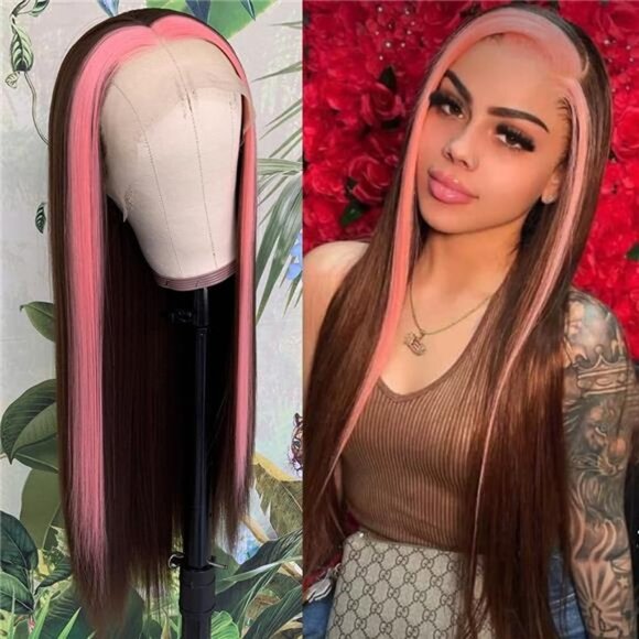 Streaks Heat Resistant Fiber Hair Synthetic Lace Front Wigs - #Pink/Brown